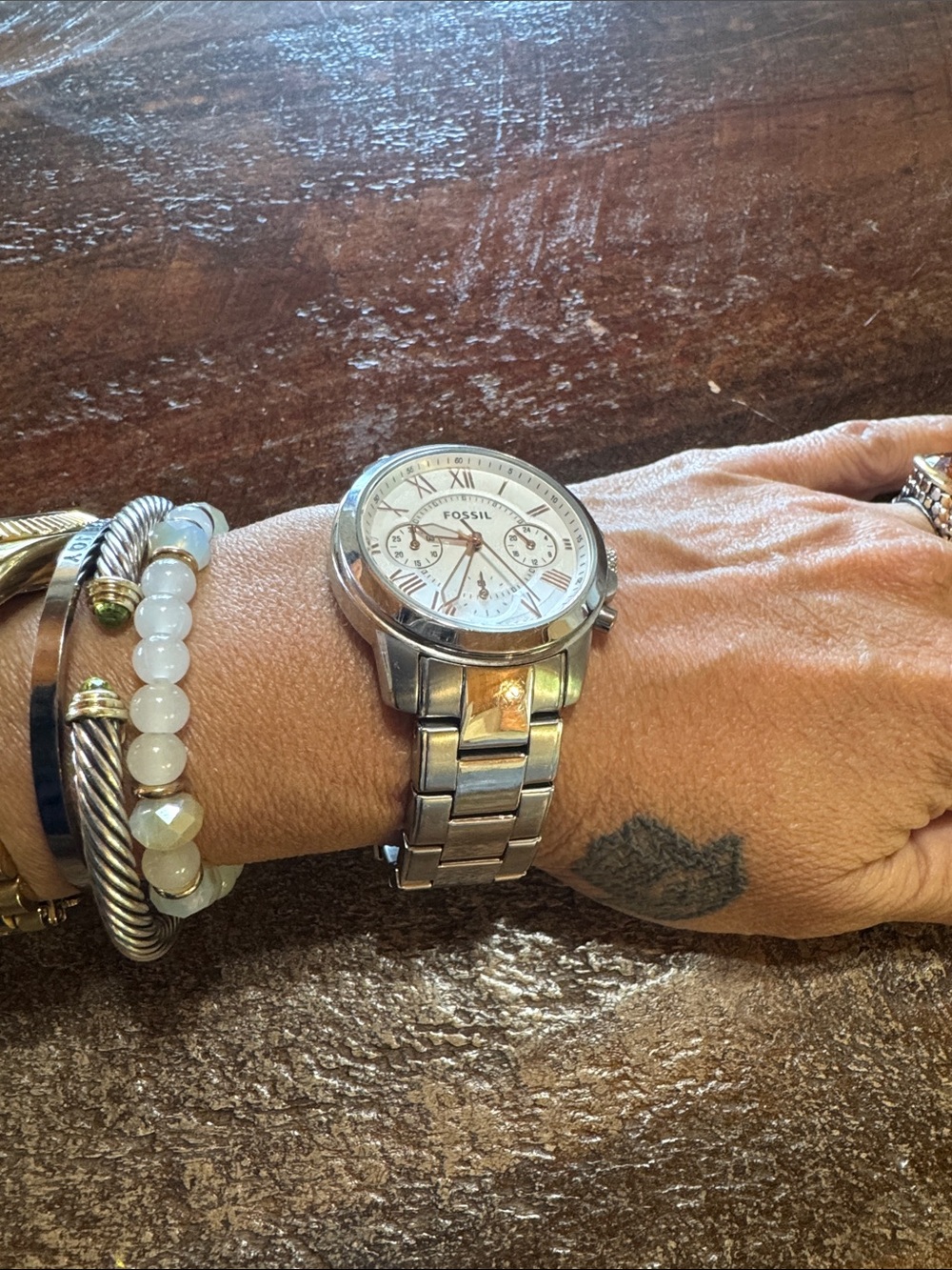 Fossil Silver Bracelet Watch with White Dial and Rose Gold Accents